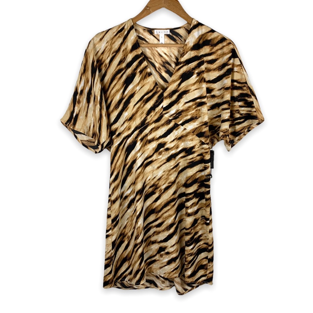 Leith Tan Black Dale Tigress Tiger Print V-Neck Short Sleeve Mini Dress Small - Picture 2 of 8